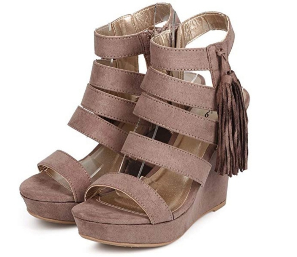 Qupid Women Suede Peep Toe Tassel Caged Wedge